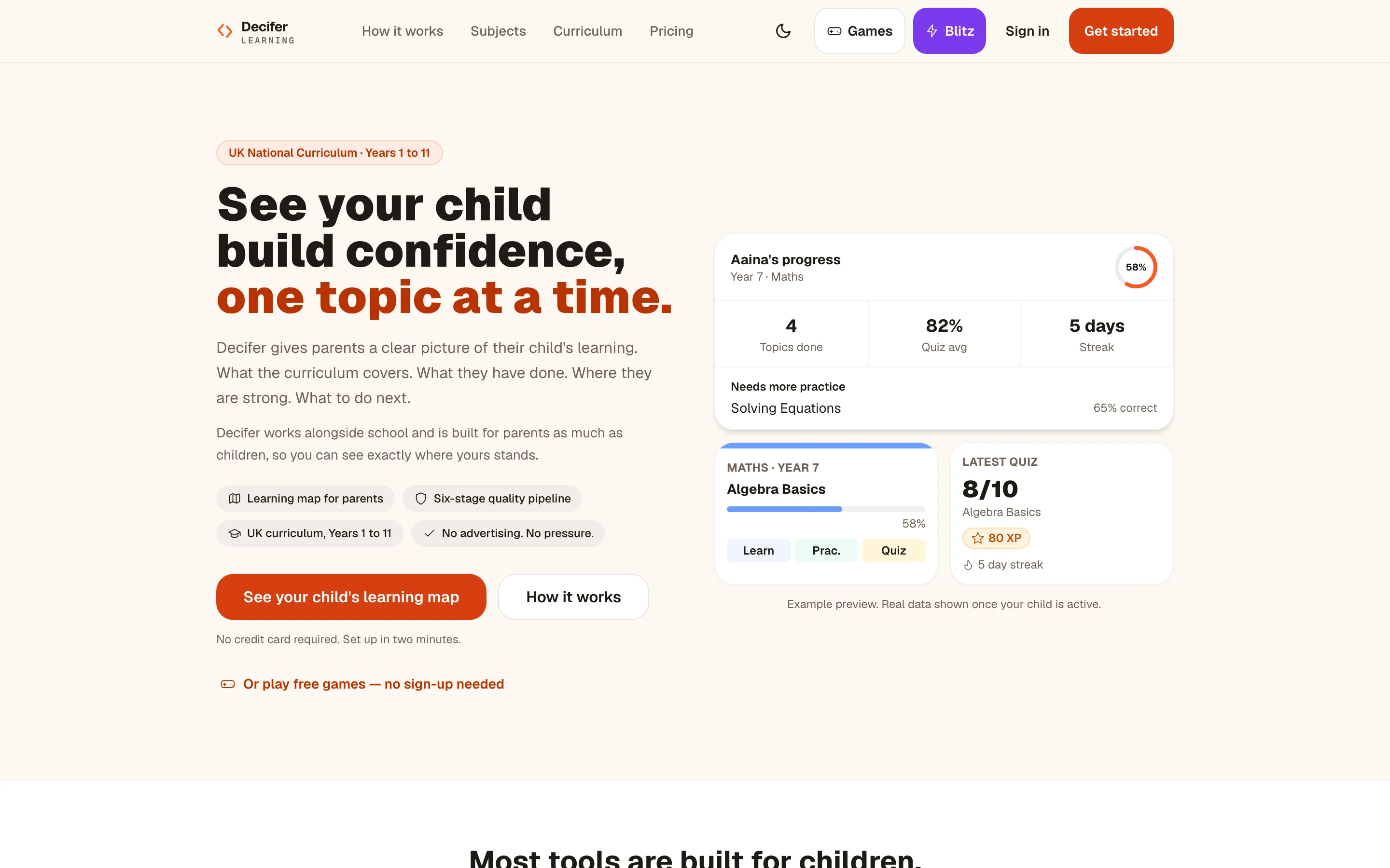 Decifer Learning home page: a parent's view of a child's progress through the UK curriculum.